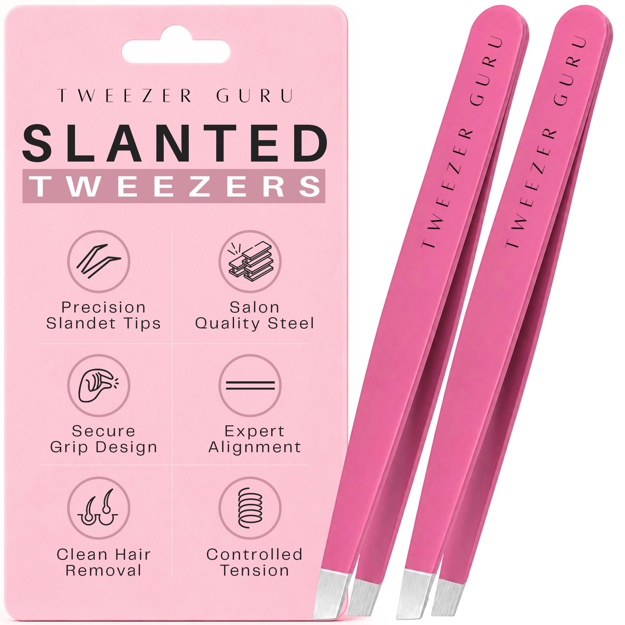 Tweezer Guru Tweezers for Women Facial Hair & Men – Precision Slant-Pointed Eyebrow Tweezer for Ingrown Hair, Blackhead & Splinter Removal (2 Pink)