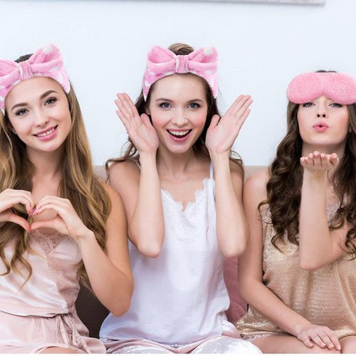 24 Pieces Sleepover Party Favors Spa Headband Sleep Eye Mask Bulk Pink Headband for Washing Face Bow Makeup Eye Mask for Spa Birthday, Bachelorette Party, Slumber Wedding