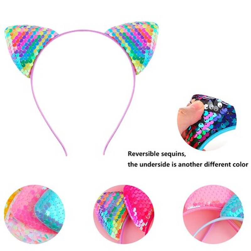KIUSOWAYD 12 Sequin Cat Ear Headbands, Shiny Headwear Hair Band Party Decoration Cosplay for Women