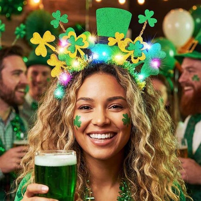 BARTOSI Light Up St Patrick's Day Headband LED Shamrock Hat Headbands Irish Green Hair Accessories for Women and Girls