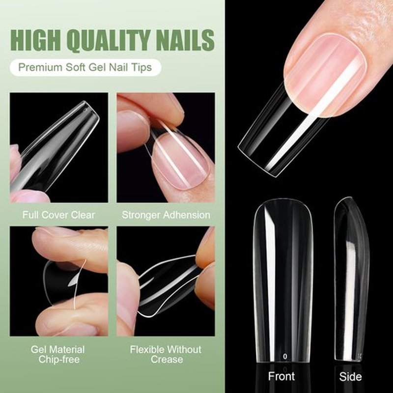 Cycullinyt 504pcs Sculpted XXLong Square Soft Gel Nail Tips, Professional False Nail Tips with Box - 14 Sizes Full Cover Clear Acrylic Press On Fake Nails for Extension Manicure Salon DIY at Home