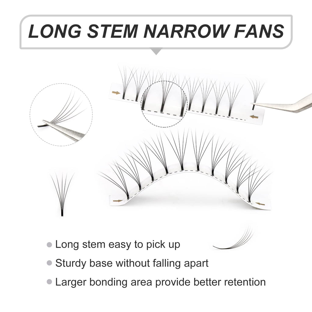 EMEDA Premade Fans eyelash extensions Mixed Tray, Long Stem Pre Made Fanned Russian Volume Lash Extensions 5D .10 d curl 9-15mm Mix Tray
