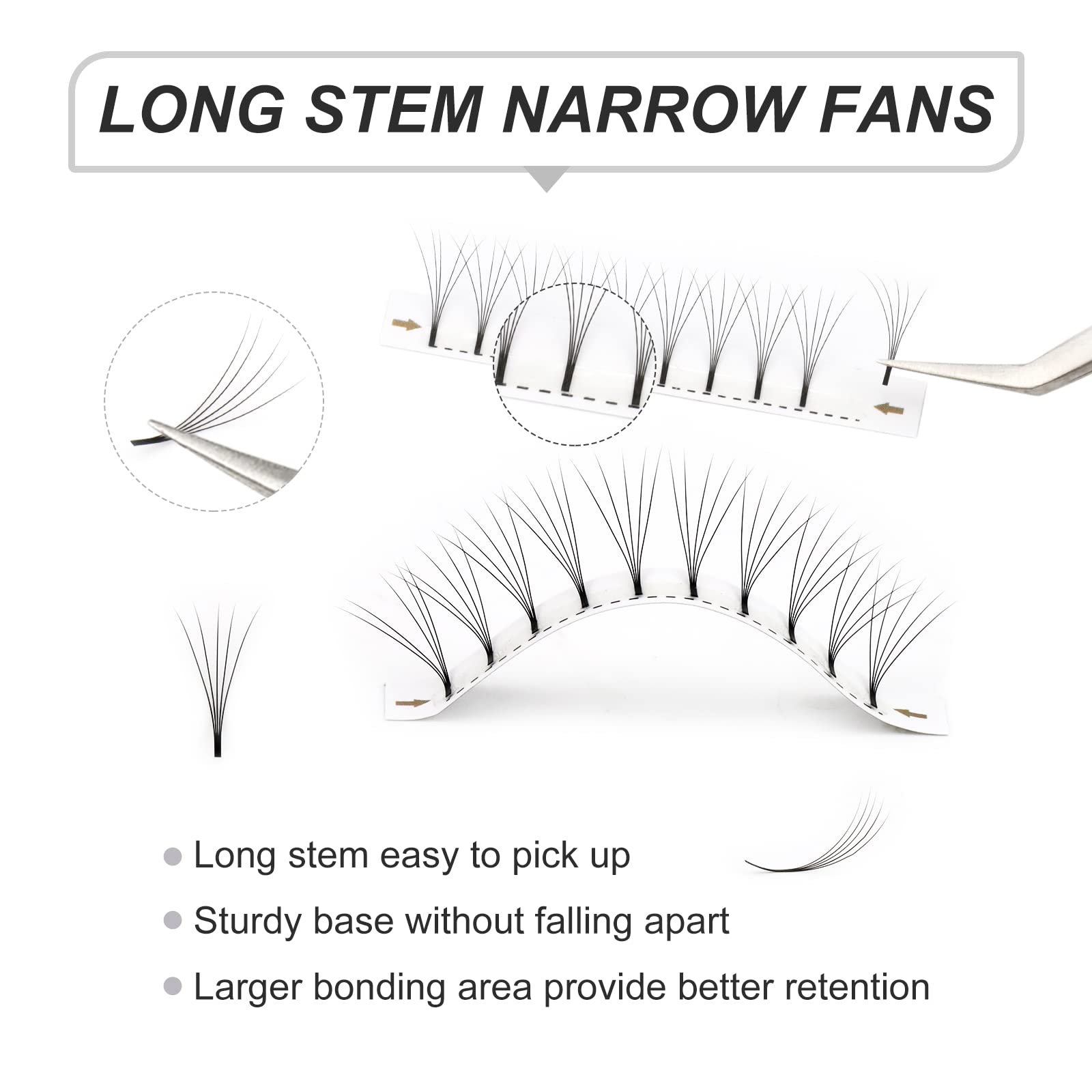 EMEDA Premade Fans eyelash extensions Mixed Tray, Long Stem Pre Made Fanned Russian Volume Lash Extensions 5D .10 d curl 9-15mm Mix Tray