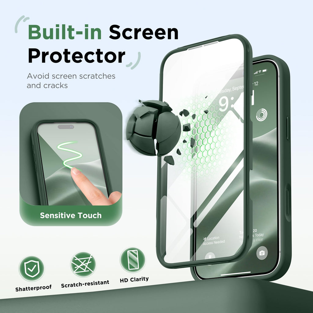 BERFY for iPhone 17 Pro Max Case, Compatible with MagSafe, Built-in Glass Screen Protector, Camera Protection, Shockproof Full Body Phone Case 6.9", Silicone Green