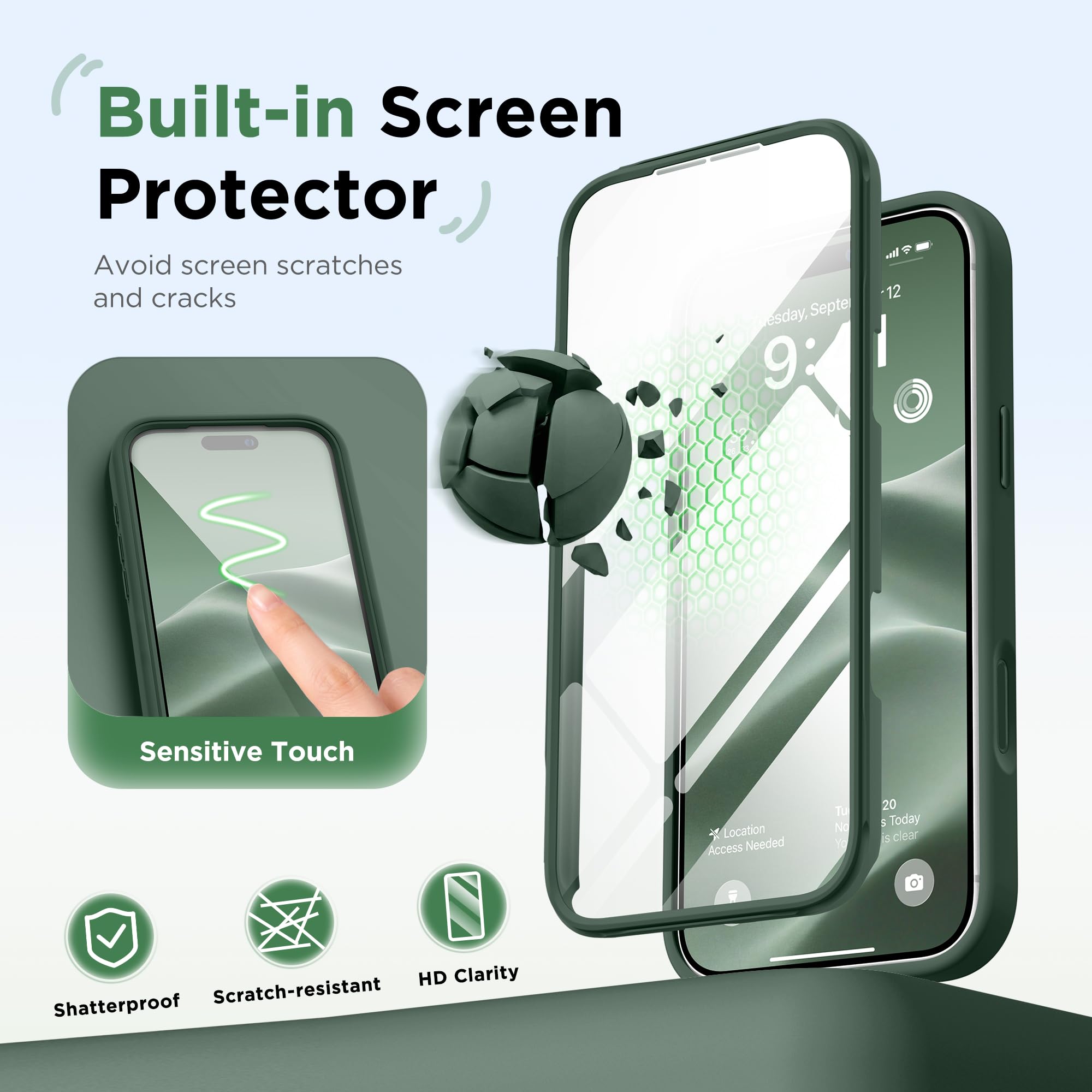 BERFY for iPhone 17 Pro Max Case, Compatible with MagSafe, Built-in Glass Screen Protector, Camera Protection, Shockproof Full Body Phone Case 6.9", Silicone Green