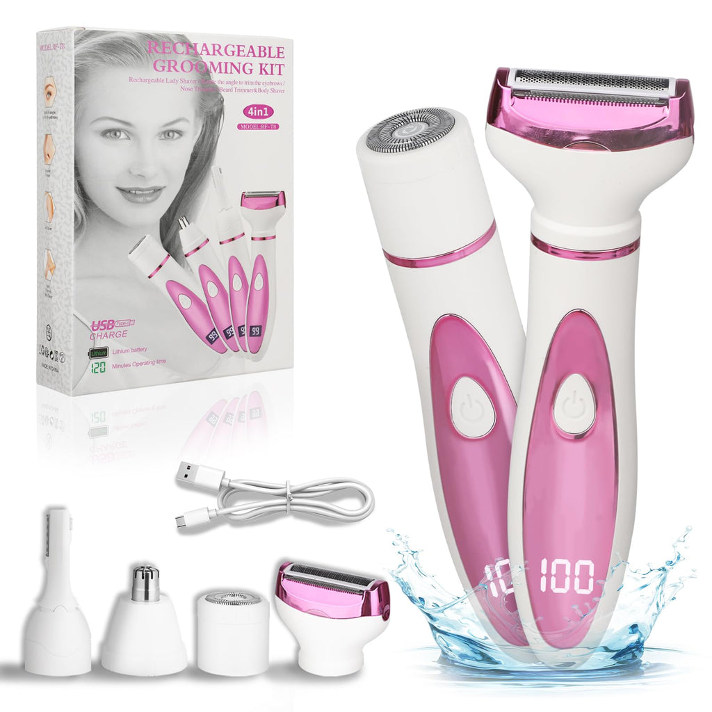Beanify Electric Razor for Women Men with LED Display,4 in 1 Ladies Wet & Dry Body Razors and Facial Hair Remover, Rechargeable Hair Removal Kit for Nose Face Body Leg Bikini Arm Hair (Brown)
