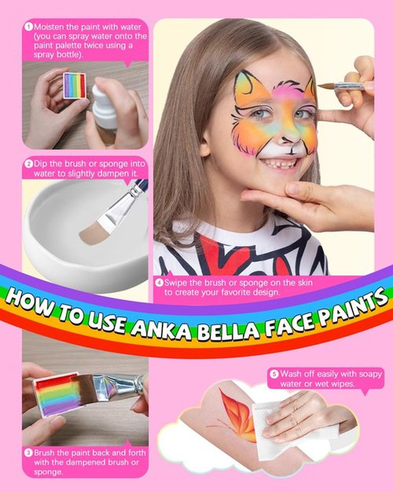 Anka Bella Professional Face Painting Kit for Kids Adults,Water Activated Split Cake Face Paint(12x10gm),Non-Toxic Face Paint Palette for Birthday Parties/Halloween/Carnival