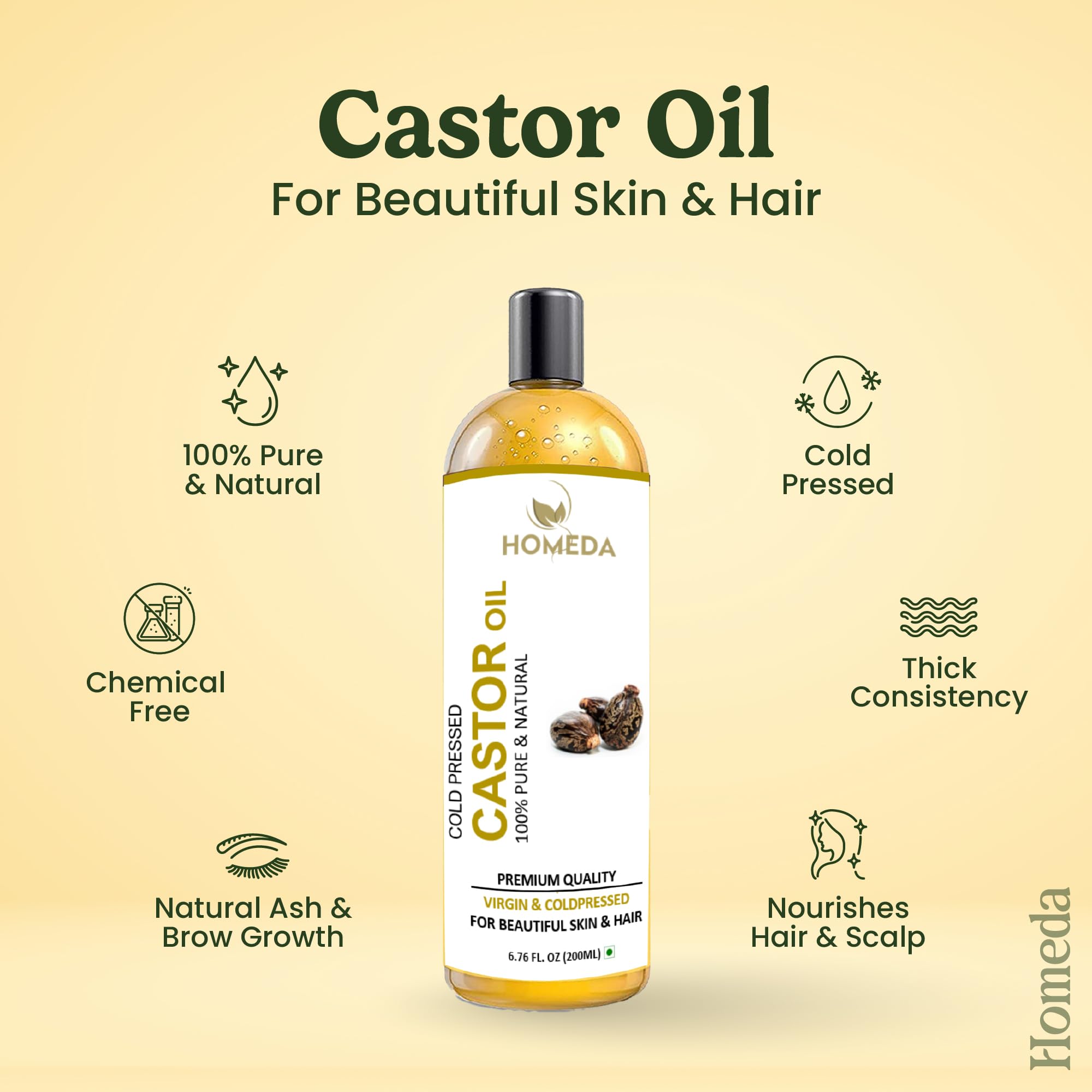 Organic Castor Oil for Hair Growth (6.7 fl oz) Aceite de Ricino, Caster oils Cold Pressed Hexane Free Pure, Organic Golden Huile de Ricin for Face, Eyelashes - Castro oil, Oleo de ricino (200 ml)