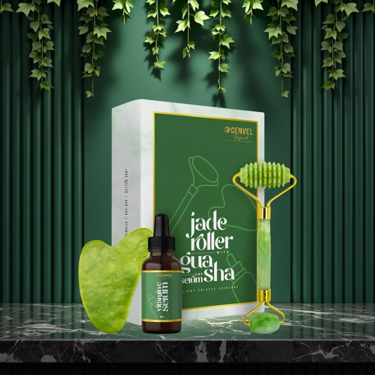 100% Real Natural Jade Stone Roller and Gua Sha Set with Vitamin C Serum | Great for Eye Puffiness Treatment, Skin Tightening, Anti Aging, Rejuvenate Face & Neck | Beauty Gift for Women (Green)