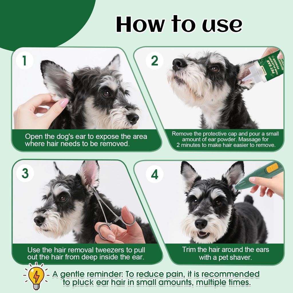 EcoStylife Dog Ear Hair Removal Tool – 30g Ear Powder, 5.5" Hemostat & Electric Dog Ear Trimmer – Helps Reduce Wax & Odor – Grooming Kit for Schnauzers, Poodles & Breeds with Ear Hair