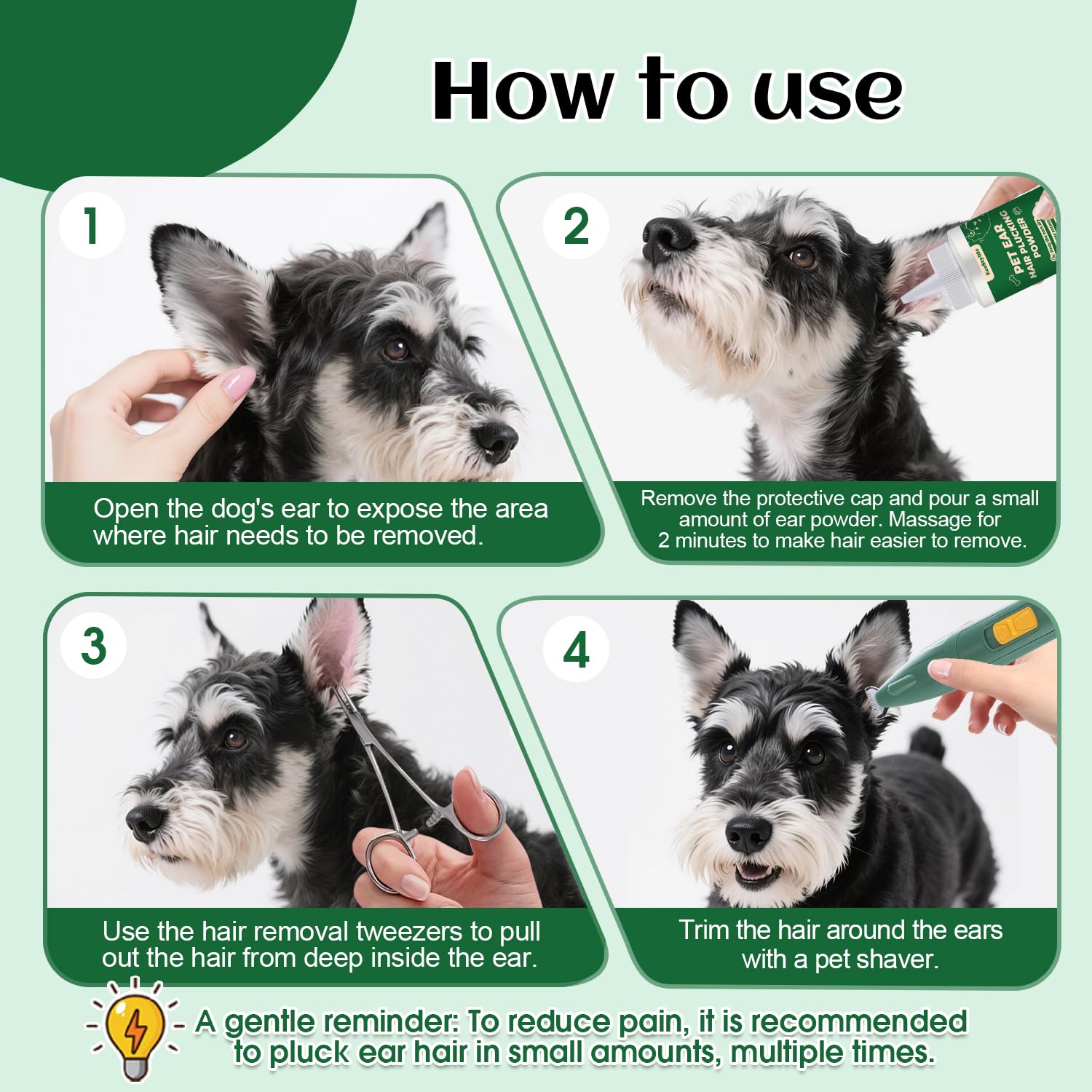 EcoStylife Dog Ear Hair Removal Tool – 30g Ear Powder, 5.5" Hemostat & Electric Dog Ear Trimmer – Helps Reduce Wax & Odor – Grooming Kit for Schnauzers, Poodles & Breeds with Ear Hair