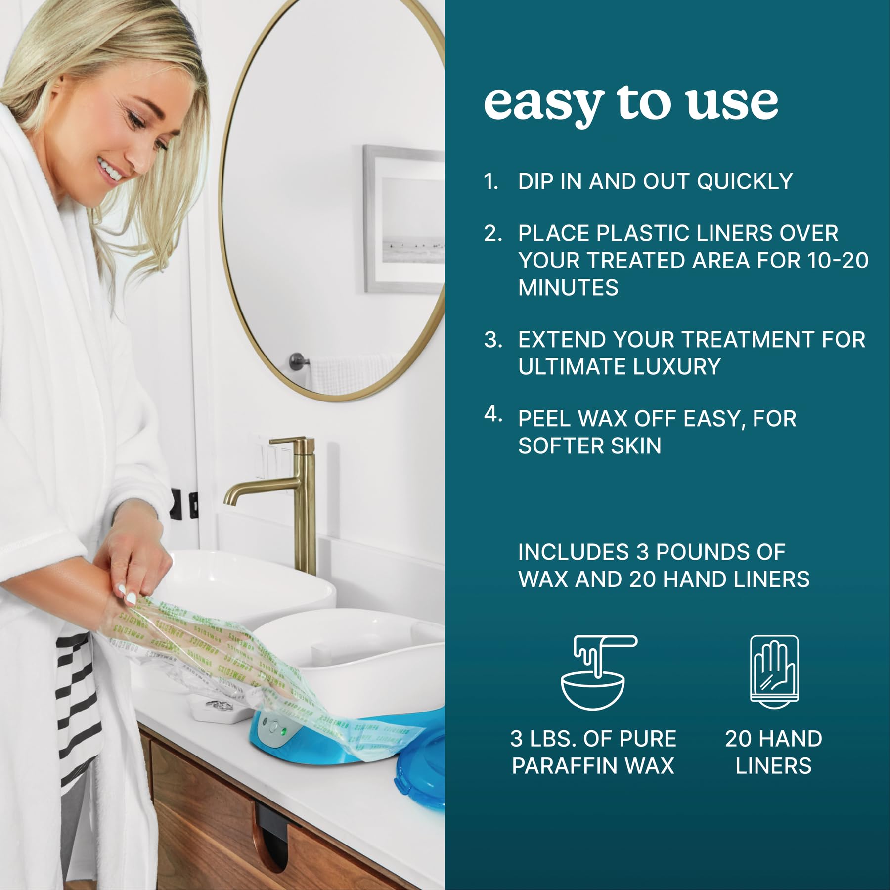 Homedics Paraffin Wax Machine for Hands - Hypoallergenic Hot Wax Hand Therapy Machine to Soothe and Moisturize Hands - Includes 3 Pounds of Wax and 20 Hand Liners