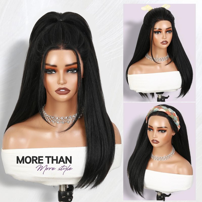 WIGER Straight Lace Frontal Wigs for Black Women Yaki Straight Layered Wigs 13X6 HD Lace Front Wig Long Synthetic Blow Out Hair for Daily or Events Salon-trimmed Hairstyle