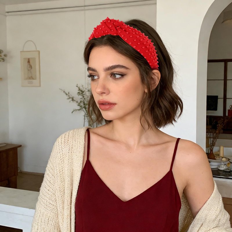 YISSION Red Knotted Headband for Women - Wide Beaded Hair Hoop, Valentine's Day Hair Accessory for Daily Wear, Dating & Party Outfits