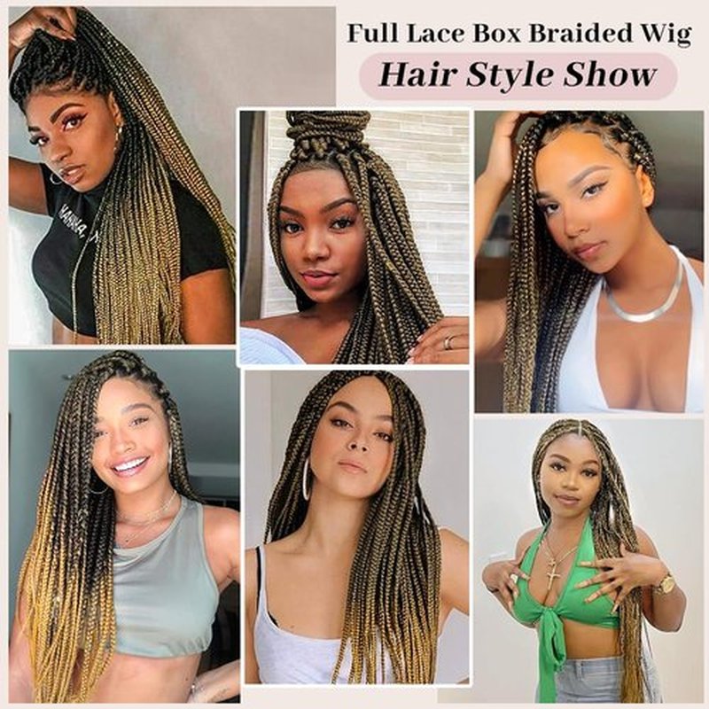 Suntefic Braided Wig for Black Women Human Hair Blended Glueless Full Double Breathable Lace Front Braids Wig with Baby Hair Lightweight Handmade African American Braided Wigs (Ombre Blonde, 32 Inch)