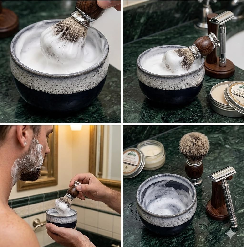 ETROVES 4 Inch Ceramic Shaving Soap Bowl - Shaving Mug for Men Shave Cream & Soap- Shaving Cup for Wet Shave (Blue White)