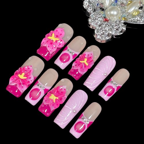 Handmade Press On Nails, Medium Long Square, 3D Floral Design, Nude Base with Rose Red Flowers, Rhinestone Accents, Reusable Acrylic False Nails (Duo Blossom, L)