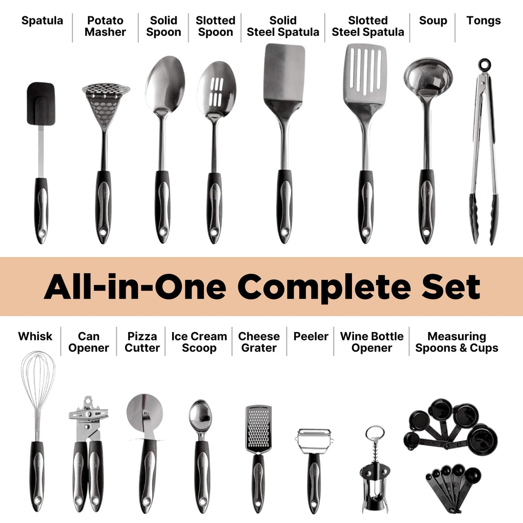 Asani 25-Piece Stainless Steel Kitchen Utensil Set | Non-Stick Cooking Gadgets and Tools Kit | Durable Dishwasher-Safe Cookware Set | Kitchenware Gift Idea, Best New Apartment Essentials