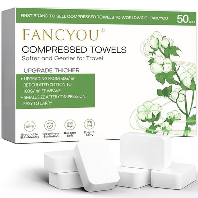Fancyou Compressed Towel Tablets Thicken, 50 Pack Disposable Face Towel Quickly Expand with Water, Reusable Compact Washcloths 12"x9", Cotton Soft & Lint-Free Portable for Home Travel Beauty Guest