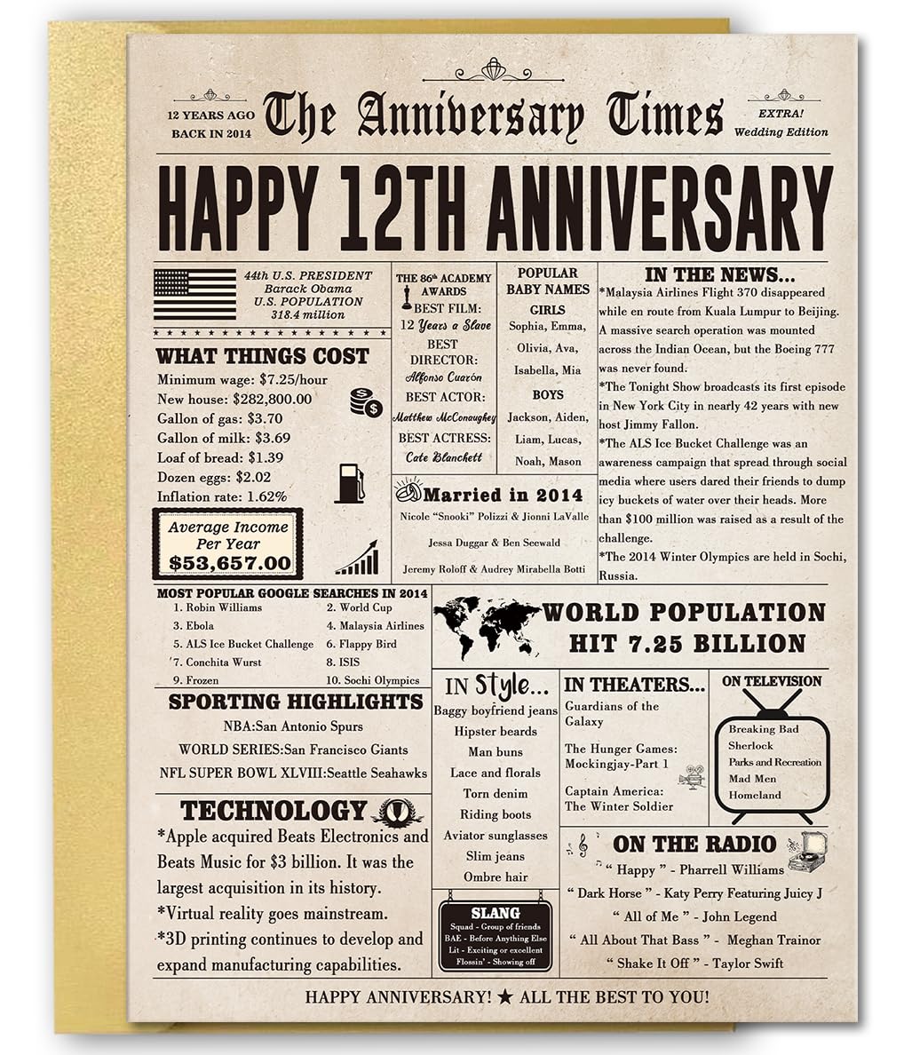 FANCYLUCKY Big 12 Year Anniversary Card Gifts for Him Her, Retro 12th Wedding Anniversary Card for Husband Wife, Silk Anniversary Together Gift