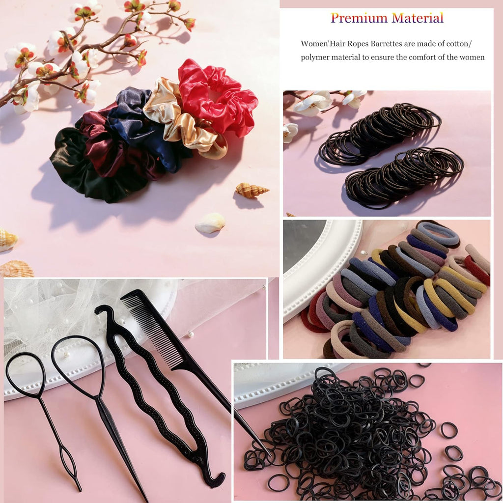 YANRONG Hair Accessories Set: 755PCS Seamless Ponytail Holders, Variety Scrunchies, Bands and Ties for Thick and Curly Hair (Dark)