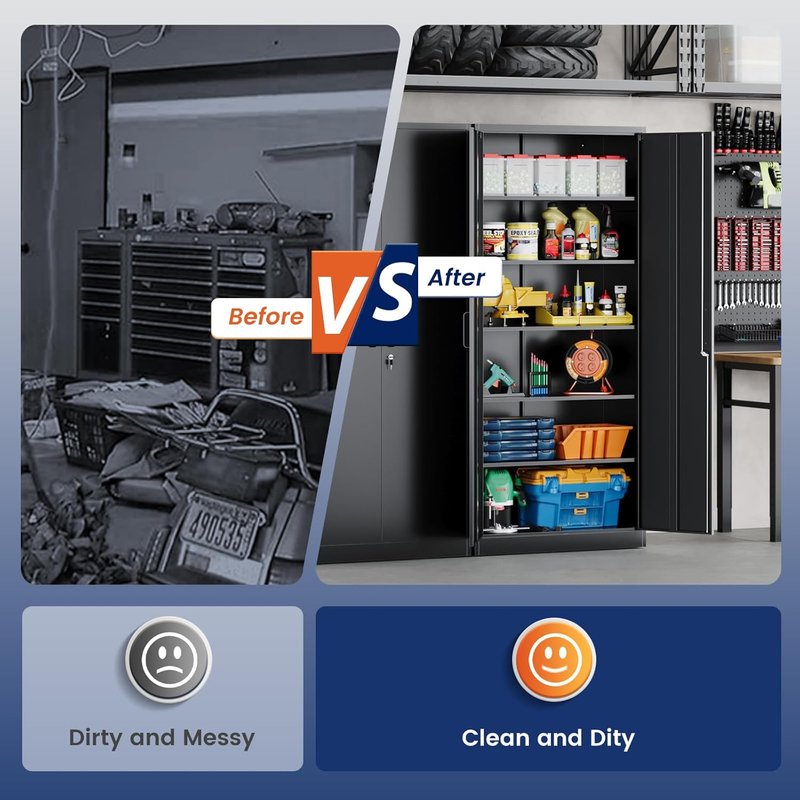 Yizosh Metal Storage Cabinet - 72" Lockable Garage Cabinet with 2 Doors & 5 Adjustable Shelves, Black Steel