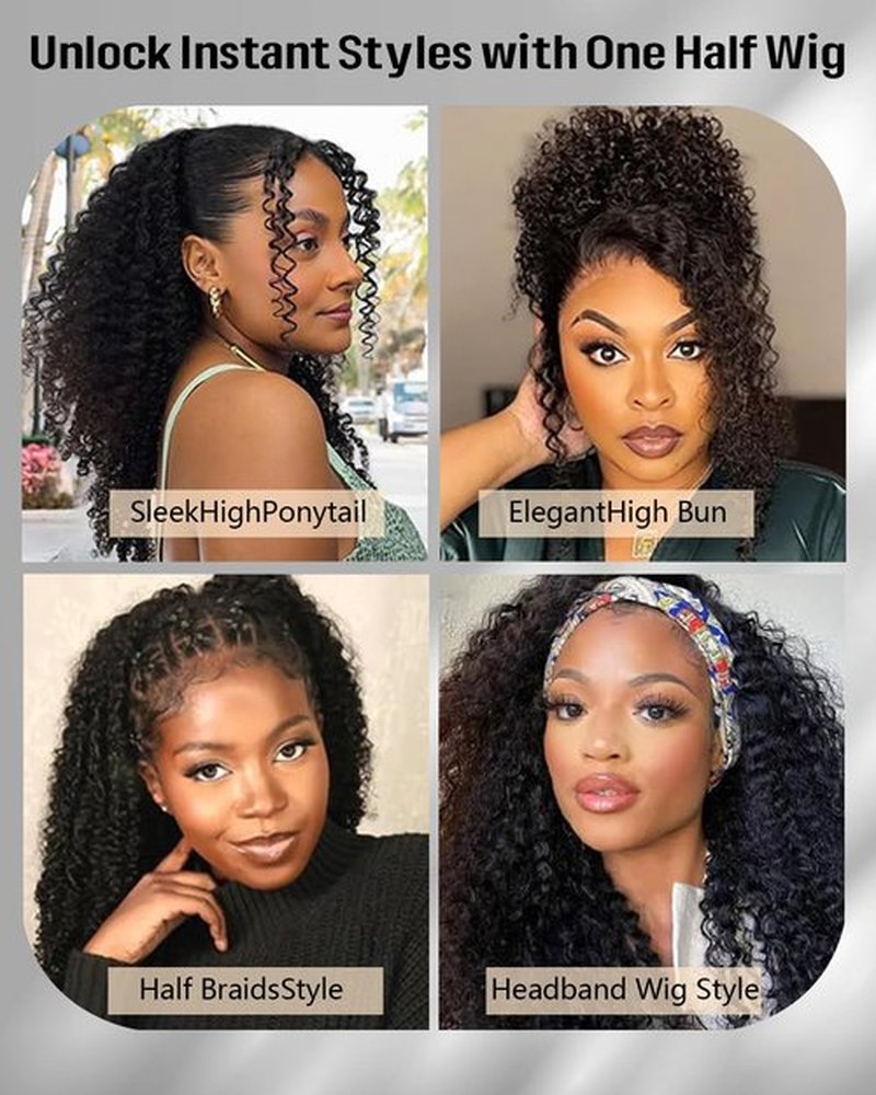 Fuduete 16 Inch Curly Half Wig Human Hair 200% Density Glueless Wigs Upgrade 3 IN 1 Half Wig With Drawstring Seamless Clip Ins Flip Over Kinky Curly Human Hair No Glue No Lace For Women