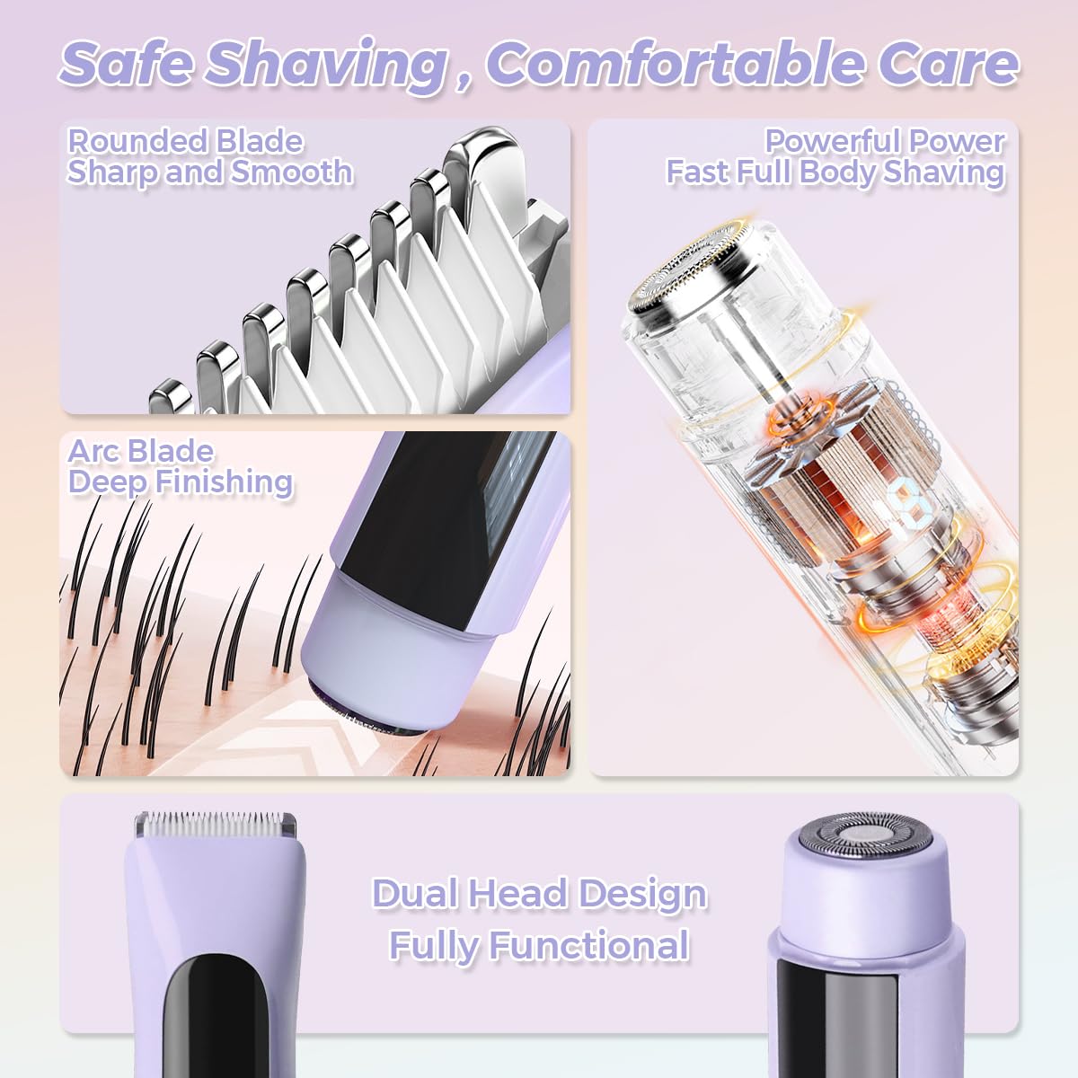 Msiud Electric Shaver for Women, 2 in 1 Bikini Trimmer Waterproof Rechargeable Facial Hair Remover with Ceramic Blades Dual Head, Pubic Hair Trimmer Body Grooming Travel Design for Shower Use