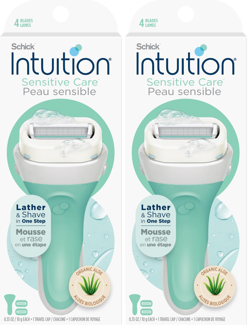 Schick Intuition Razors for Women with Sensitive Skin | 1 Razor & 2 Intuition Razor Blades Refill with Organic Aloe (Pack of 2)