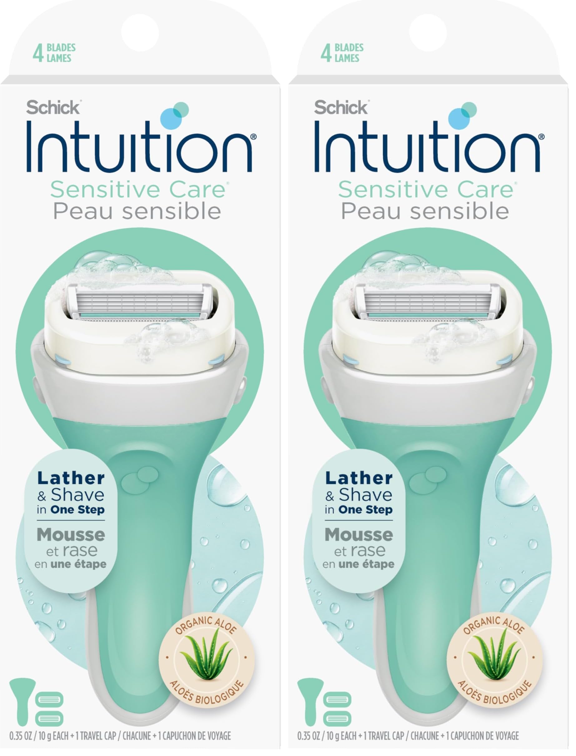 Schick Intuition Razors for Women with Sensitive Skin | 1 Razor & 2 Intuition Razor Blades Refill with Organic Aloe (Pack of 2)