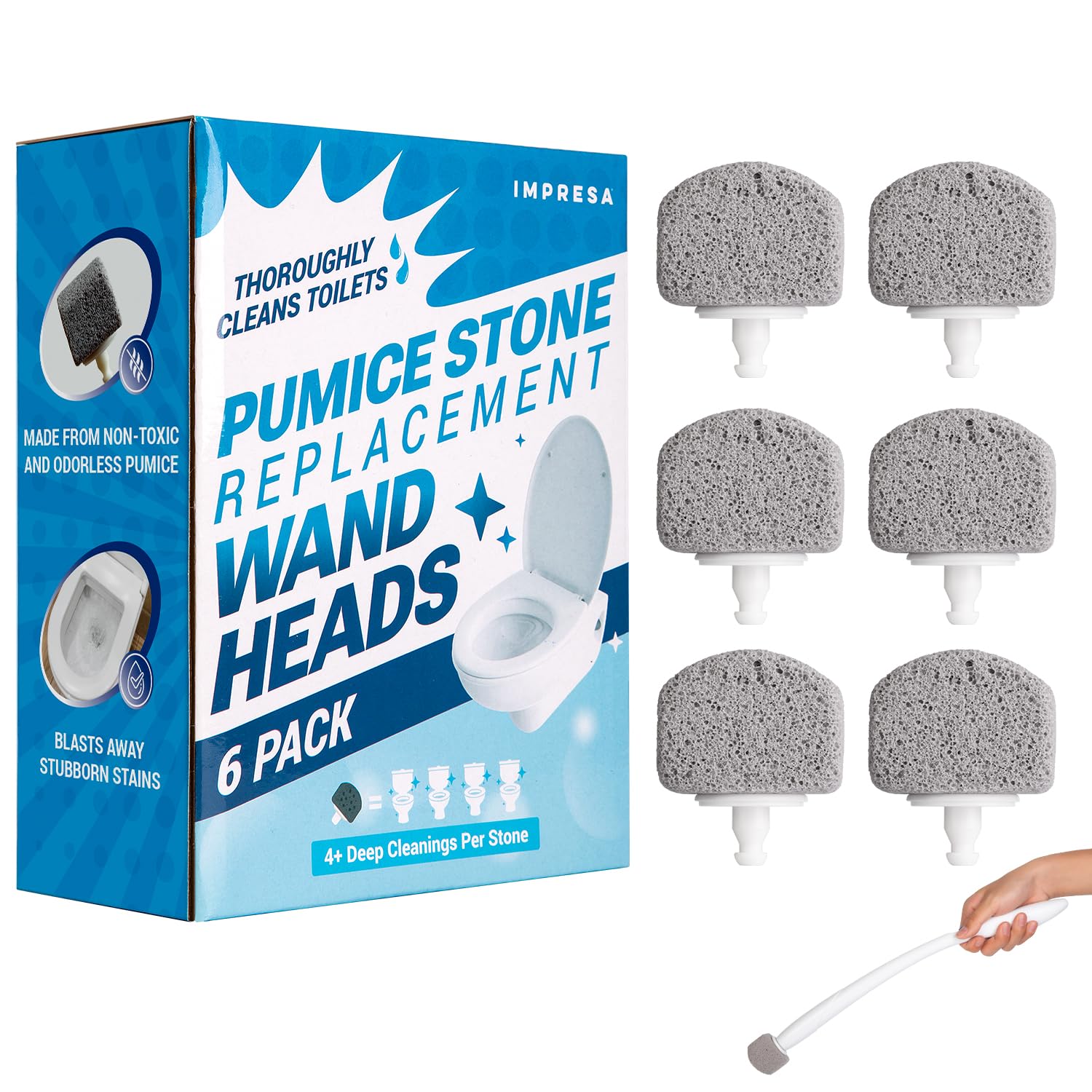Impresa 6-Pack Pumice Stone Toilet Bowl Cleaner Refill Heads - Compatible with Clorox Toilet Wand Refills - Reusable Natural Stone Scrub Heads for Tough Stains