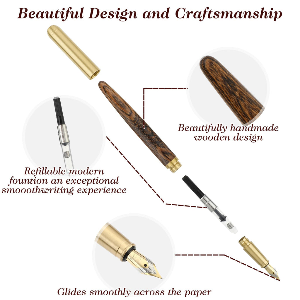 cobee Handcrafted Wooden Fountain Pens Set, Vintage Luxury Wood Fountain Pen 0.5mm Fine Point Smooth Writing Pen With 12 Ink 2.6 mm Cartridges and Gift Box for Journaling Calligraphy Supplies(B)
