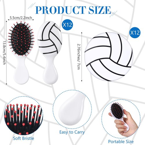 SiliFine 24 Pcs Volleyball Gifts for Team Bulk Include 12 Volleyball Air Cushion Hair Brush and 12 2.76 Inch Compact Mirror Round Makeup Mirror for Girl Player
