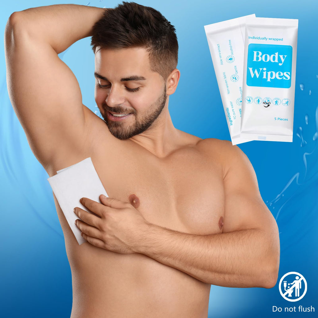 Threlaco 300 Pcs 60 Pack Body Wipes for Adults Bathing No Rinse Individually Wrapped Shower Wipes Washcloth with Aloe Cleansing Body Wash Cloths Disposable Bulk Deodorant Homeless(White Background)
