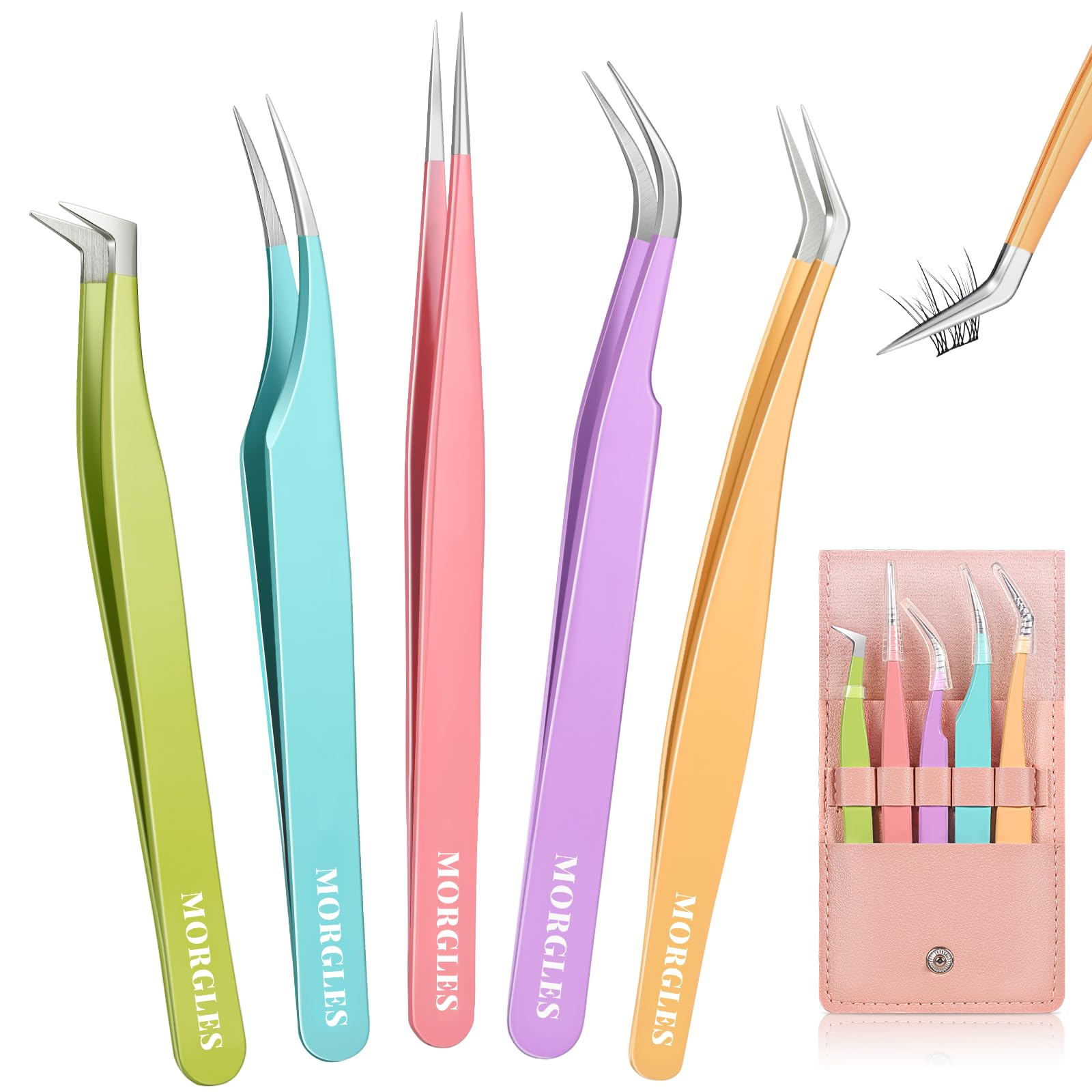 MORGLES High Precision Lash Tweezers Set, 5 in 1 Eyelash Extension Tweezers
