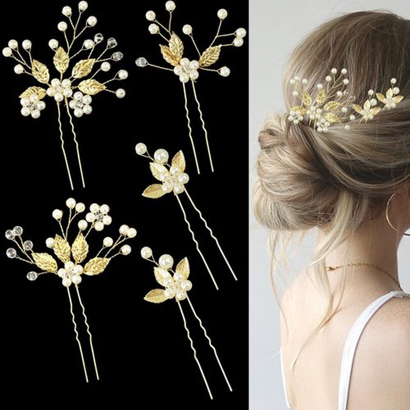 5 Pieces Bride Hair Pins Pearl Bridal Hair Piece for Women Sparkly Gold Leaf Crystal Hair Accessories for Bride Bridesmaids Flower Girls(Gold)