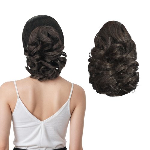 Tiklans Black Ponytail Extension, 9" Short Claw Clip in Ponytail Hair Extensions Hair Piece Natural Soft Synthetic Curly Wavy Pony Tail Hair Pieces for Women (Black Brown)