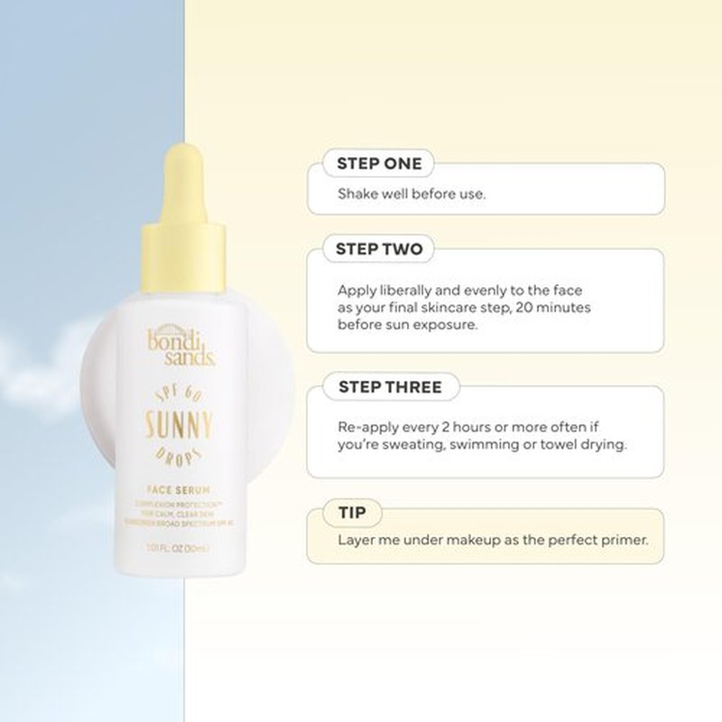 Bondi Sands Sunny Drops SPF 60 Face Serum, Hydrating + Nourishing Broad Spectrum Sunscreen, Lightweight, Silky-Smooth Finish, Oil-Free, 1.01 Fl Oz