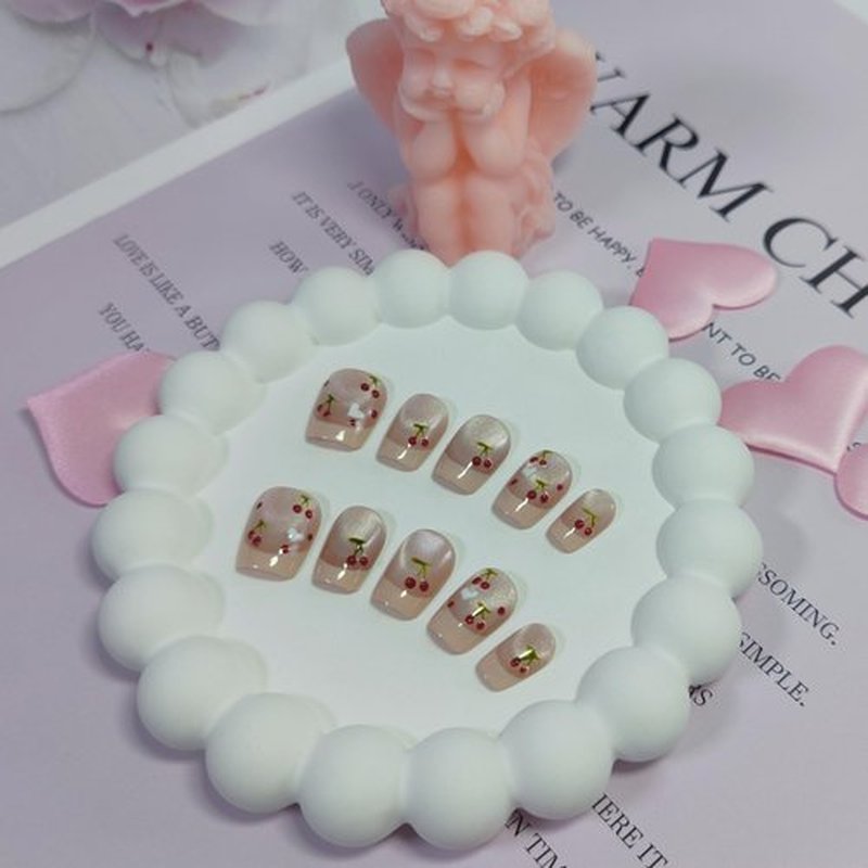 Medium Square Press on Nails French Tip Handmade False Nails with Designs/Charms, Y2k Short Coffin Reusable Fake Nails (Cherry+Pink Cat Eye, S)