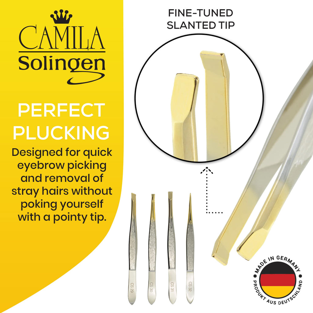 Camila Solingen CS29 3 1/2" Gold Tipped, Surgical Grade, German Carbon Steel Tweezers (Slanted) - Flawless Eyebrow and Facial Hair Shaping and Removal for Men/Women