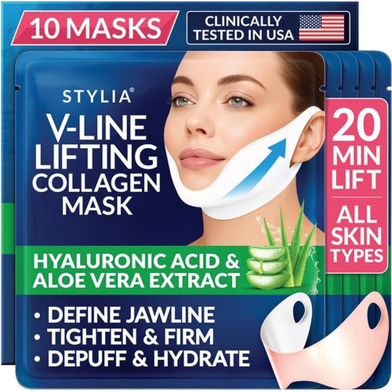 Stylia V Line Lifting Collagen Mask - Firm & Contour Jawline with Hyaluronic Acid - 10PC Neck Tightening Mask
