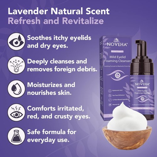 NOVEHA Lavender and Tea Tree Oil Eyelid Foaming Cleanser | Hydrating Hypoallergenic Daily Soap For Eyelashes and Lids, For Demodex, MGD, Stye Eye, Eye Irritations & Dry Skin | 3.38 fl oz (3PK - 100ml)