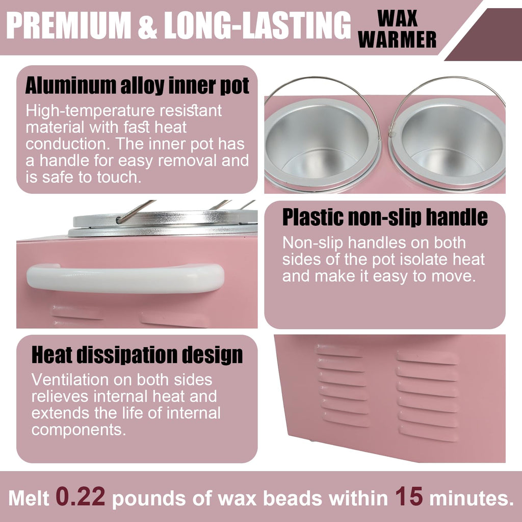Wax Warmer Double Pot, Professional Electric Heater for Facial, Body, Spa, and Salon, 1.2L Dual Adjustable Temperature with 100 Wooden Craft Sticks, Hair Removal (Pink)