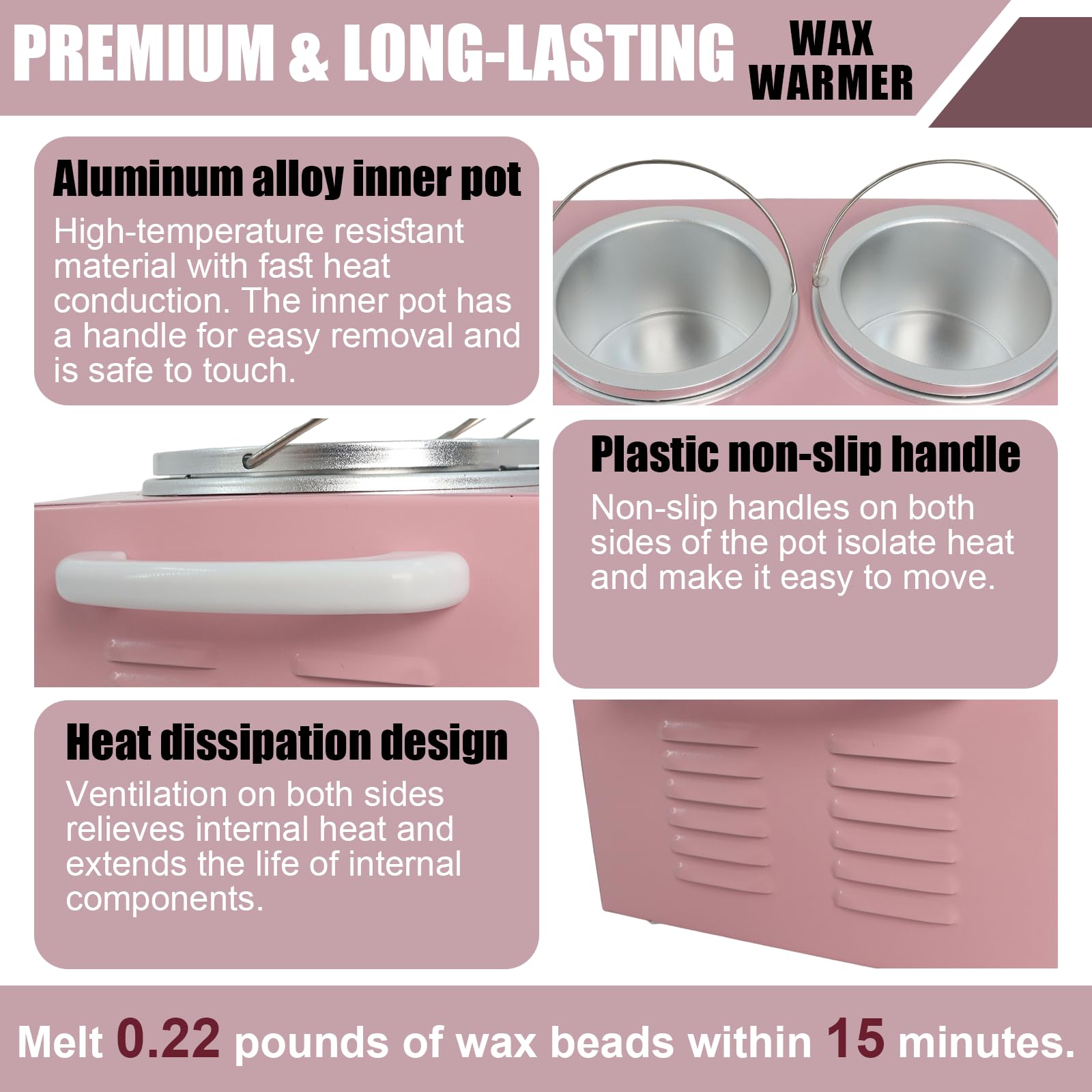 Wax Warmer Double Pot, Professional Electric Heater for Facial, Body, Spa, and Salon, 1.2L Dual Adjustable Temperature with 100 Wooden Craft Sticks, Hair Removal (Pink)