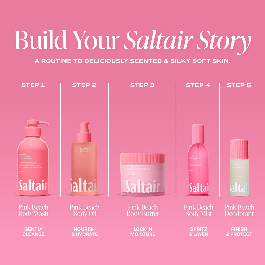 Saltair Body Oil. Jumbo Size Pink Beach After Shower and Bath Oil for Women and Men. Botanical, Non-Greasy, and Well-Absorbing Moisturizer for Hydrating Dry Skin – 10oz Bottle