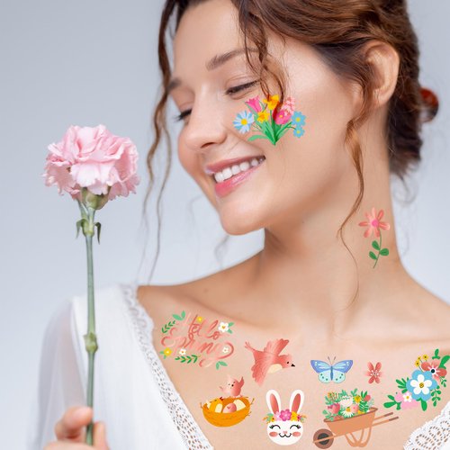174 PCS Spring Temporary Tattoos, 12 Sheets Waterproof Hello Spring Tattoo, Rose Gold-Foil Spring Party Decorations Glitter Flowers Butterfly Egg Fillers for Easter Basket Stuffers Party Favors