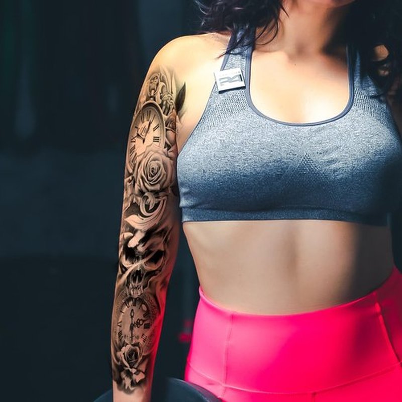 Kotbs 6 Sheets Large Flower Temporary Tattoo Sleeves for Women, Realistic Clock and Rose Design, Fake Sleeve Tattoos for Cosplay, Halloween, and Festivals