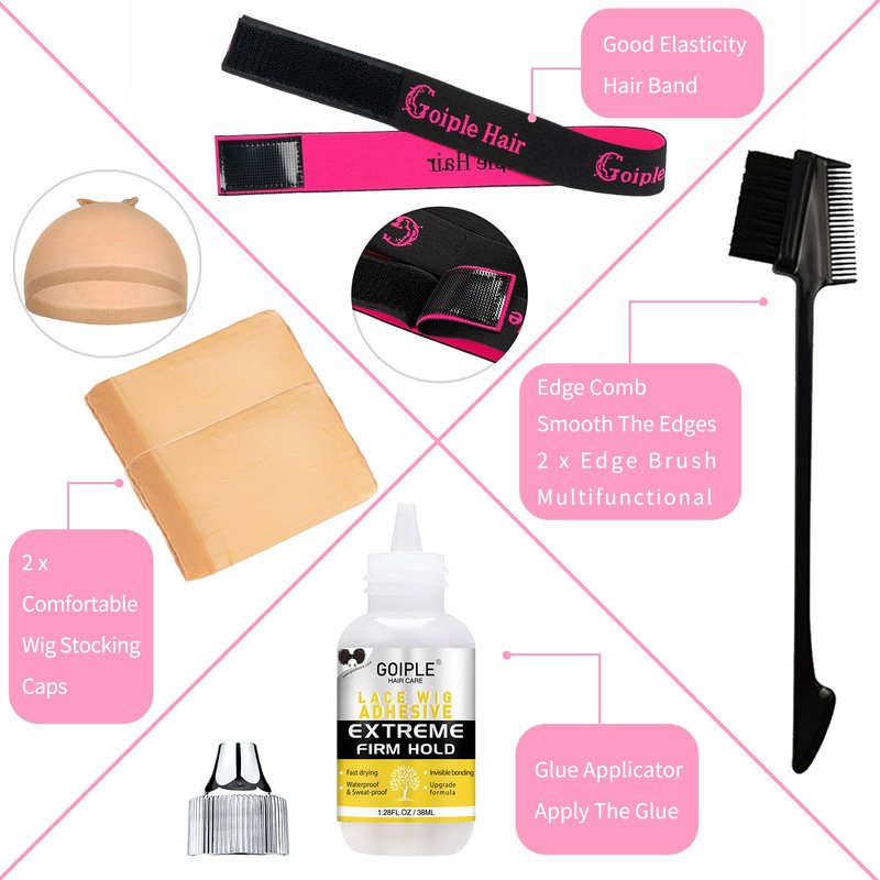 Wig Glue for Lace Front Wigs Lace Glue for Wig, Strong Hold Lace Glue for Lace Front Wig Lace Adhesive Hair Replacement with Remover, Wig Band, Hair Wax Stick, Edge Control Wig Installation Kit(10pcs)