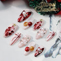 10Pcs Handmade Christmas Press on Nails Medium Almond Fake Nails Red Christmas Trees with Colorful Ball Glitter Full Cover Pink Nails Glue on Nail Winter Xmas False Nails for Acrylic Manicure Tips