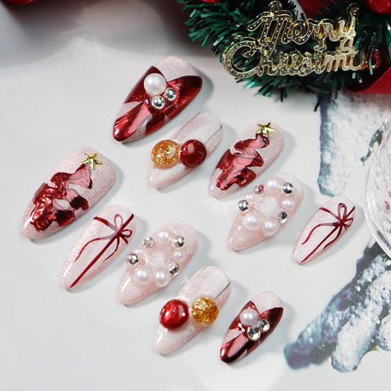 10Pcs Handmade Christmas Press on Nails Medium Almond Fake Nails Red Christmas Trees with Colorful Ball Glitter Full Cover Pink Nails Glue on Nail Winter Xmas False Nails for Acrylic Manicure Tips